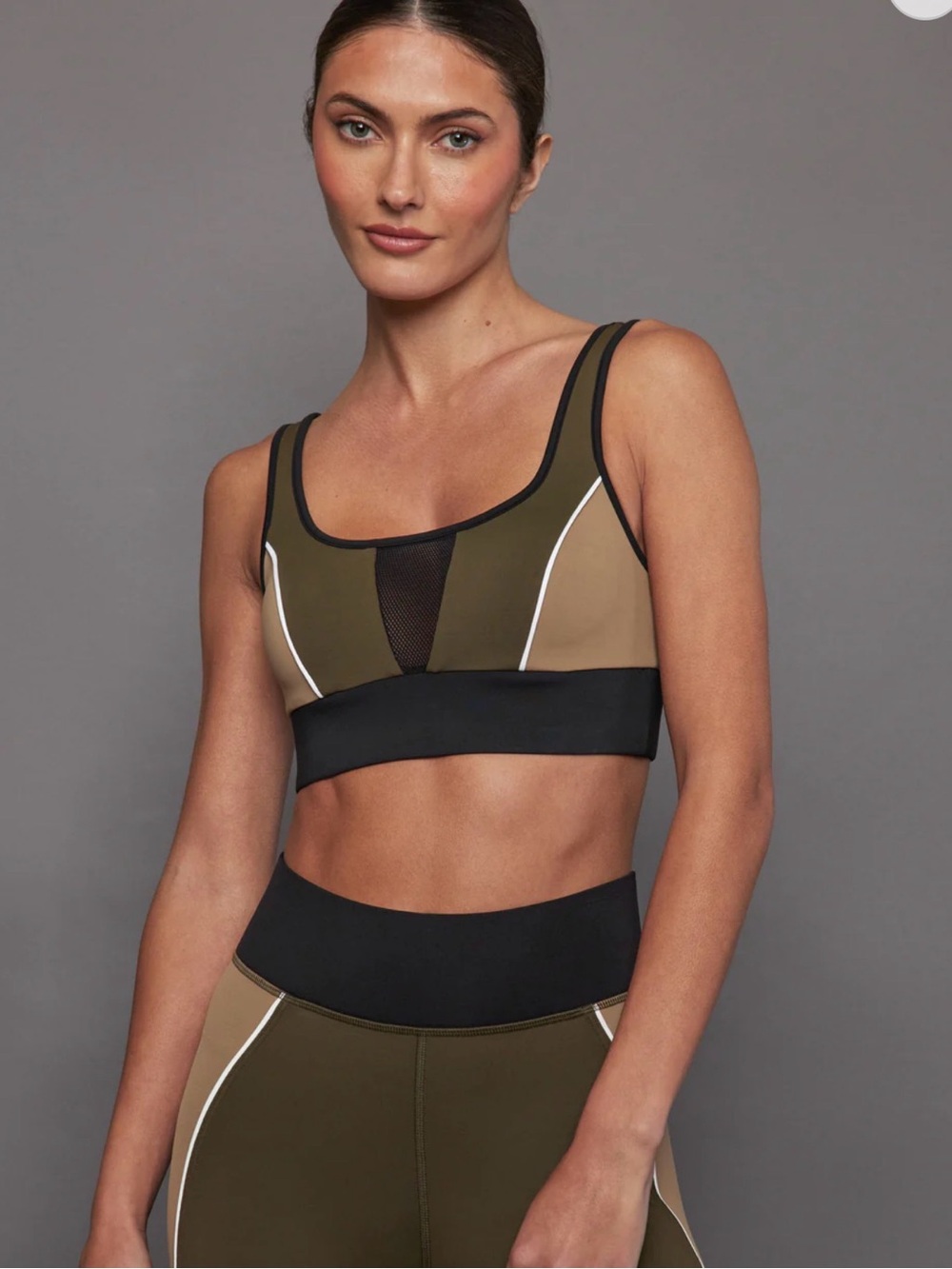 Olive & Tan Colorblock Sports Bra with Black Trim